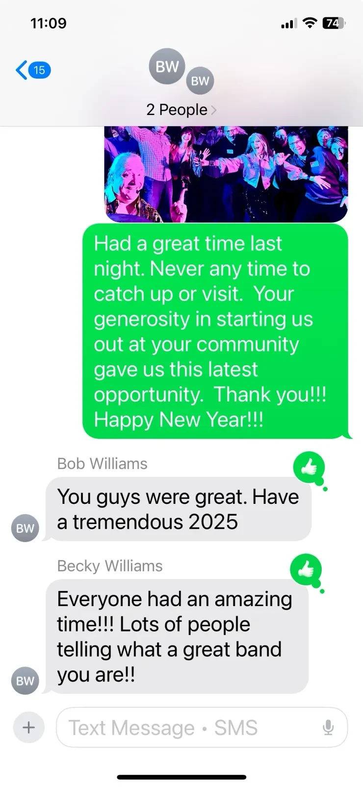 Fan text message raving about Flying Train Wreck