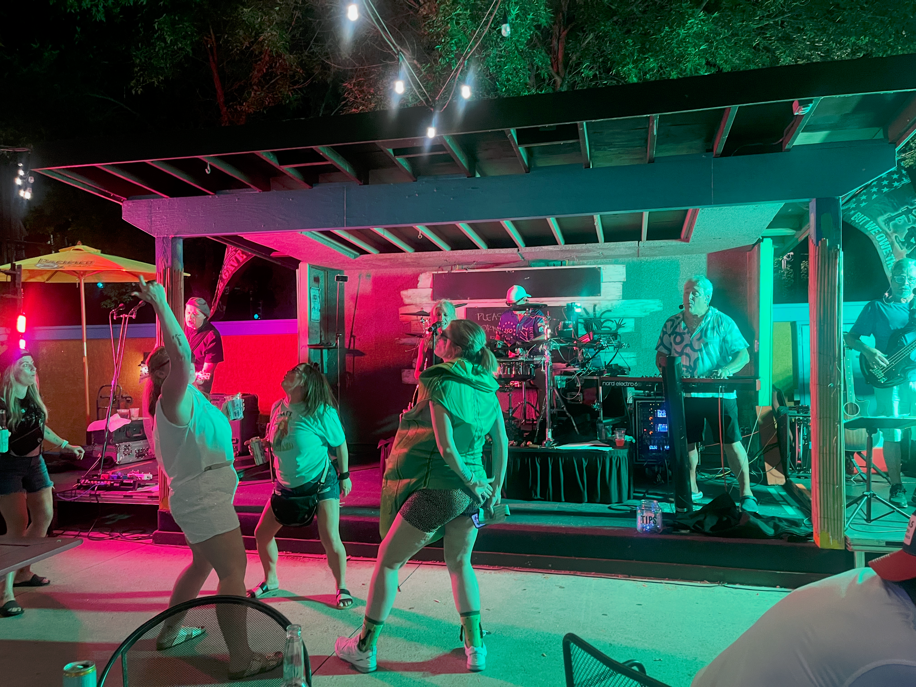 Crowd dancing at Flying Train Wreck show – pink and green lighting