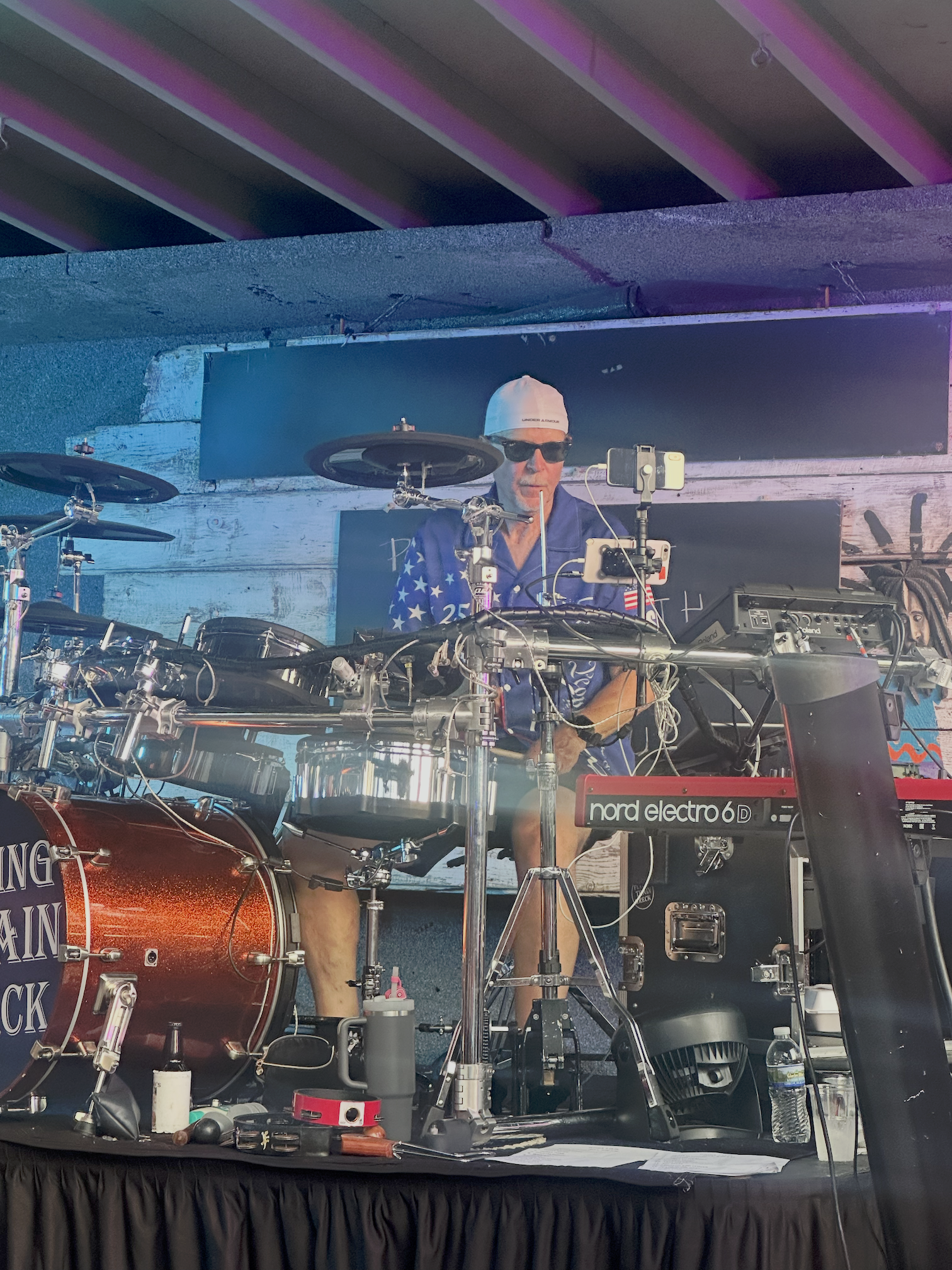 Flying Train Wreck drummer on stage at Floyd's Bar