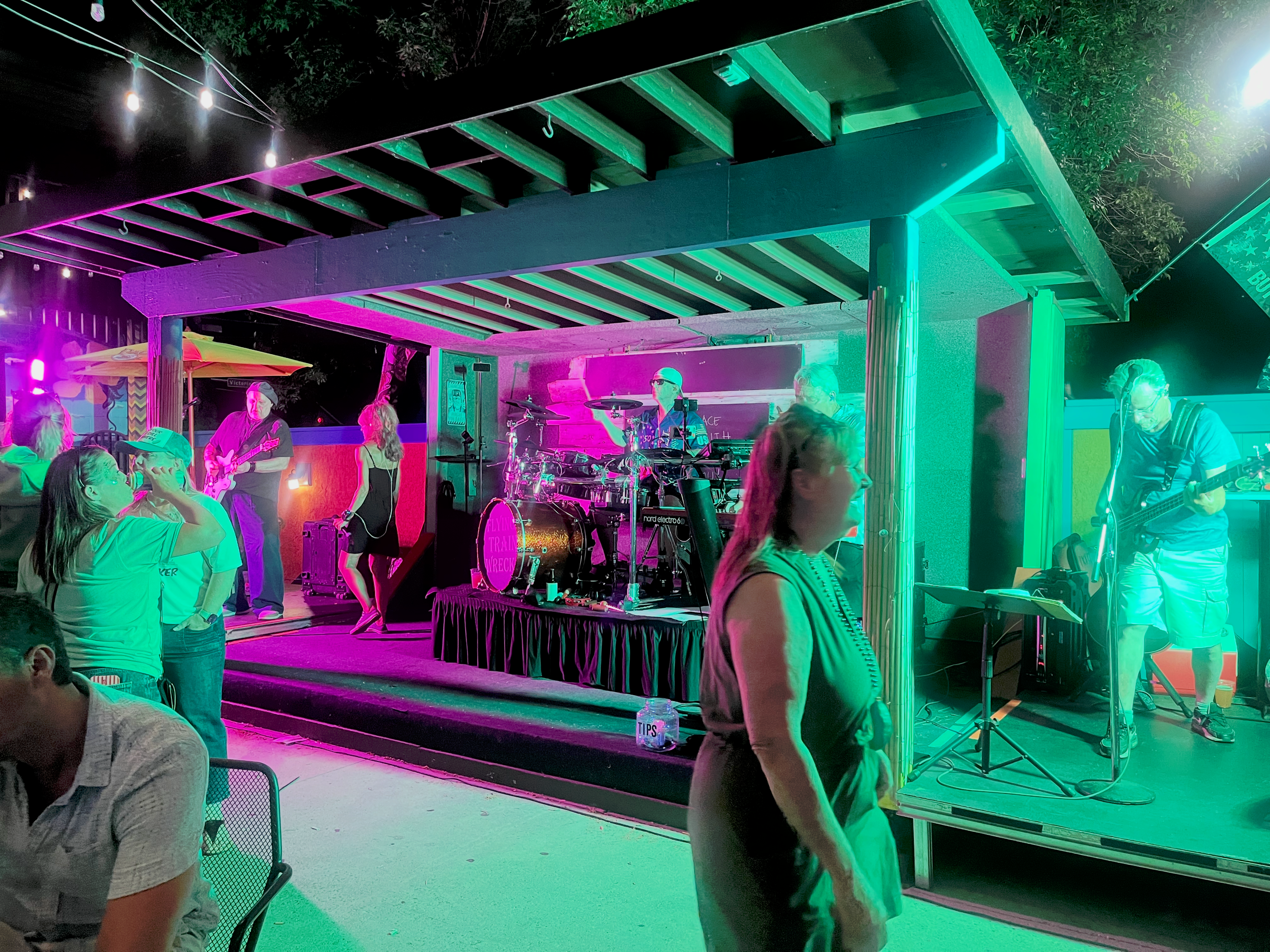 Flying Train Wreck full band performing – magenta lighting