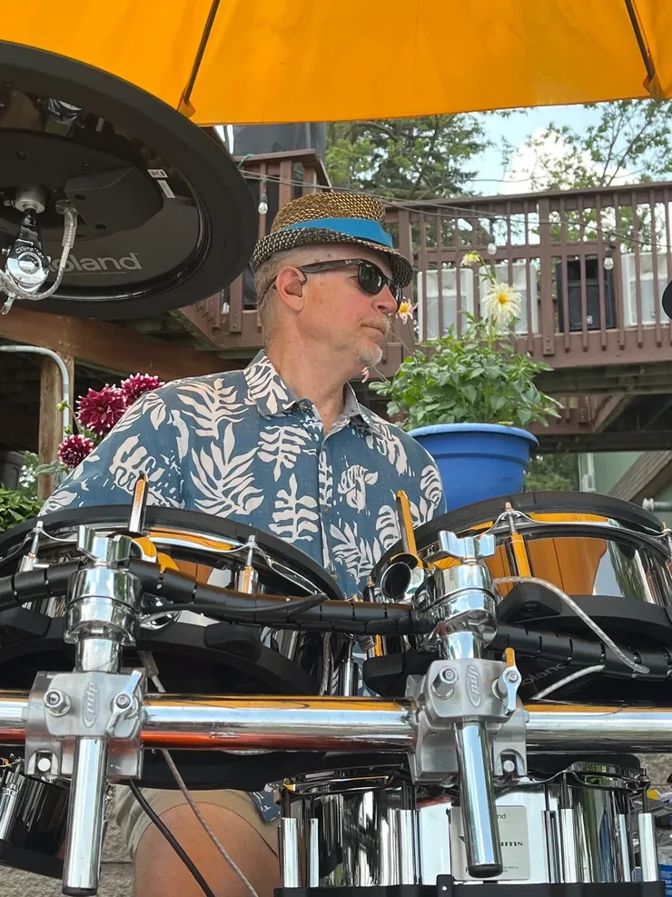 Matt on drums at an outdoor private party – Isle Island Bash