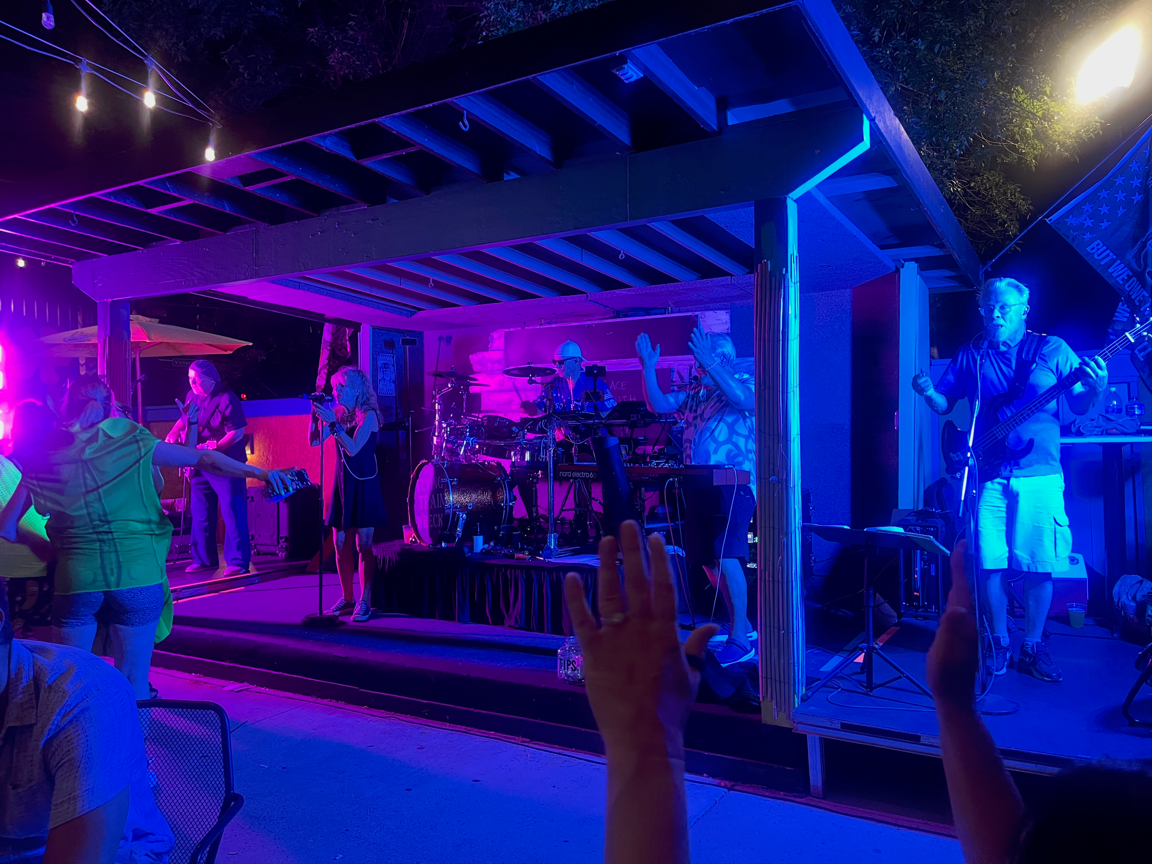 Flying Train Wreck outdoor stage – purple lighting with crowd